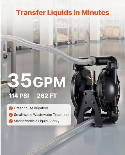 Pneumatic Double Diaphragm Pump Vevor Maximum 132.49 Lpm Standard Air Inlet Outlet Pump Pneumatic Transfer Pump for Used Oil Aluminum Alloy Body Double Diaphragms Diesel Grease Kerosene Petrol