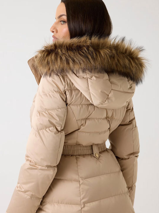Women's Long Puffer Jacket for Winter with Hood Beige