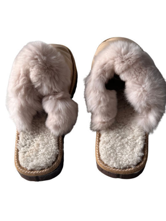 Winter Women's Slippers with Fur Beige