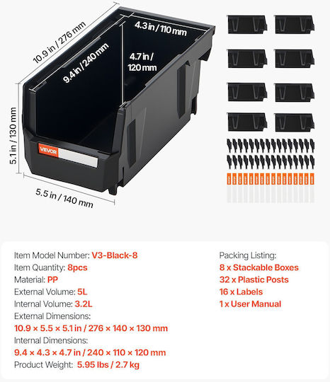 Vevor Set 8 Bucăți Casete Utilizare Generală Cu Capac Și Suport Plastic Negru 3200ml 8 Bucăți