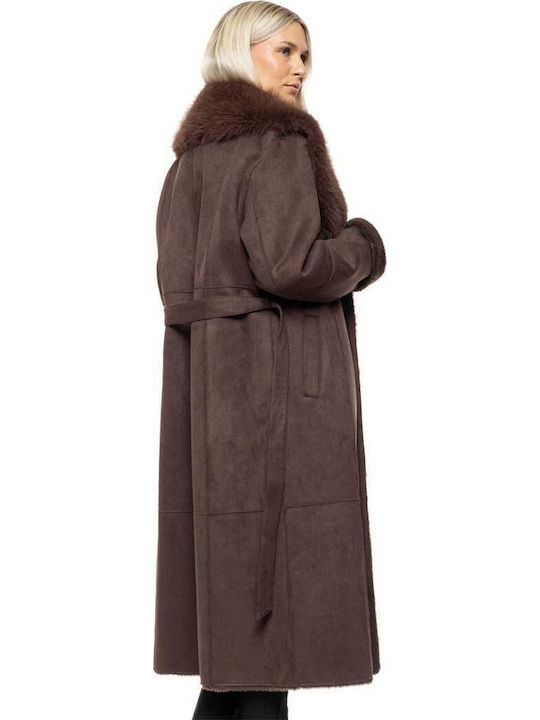 Damen Brown Mantel mit Fellbesatz