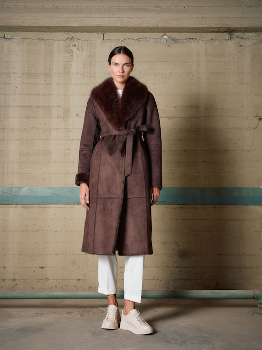 Damen Brown Mantel mit Fellbesatz