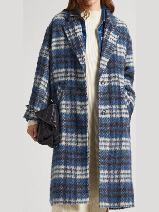 Din lână Femeie Carou Albastru Palton Oversized cu Nasturi