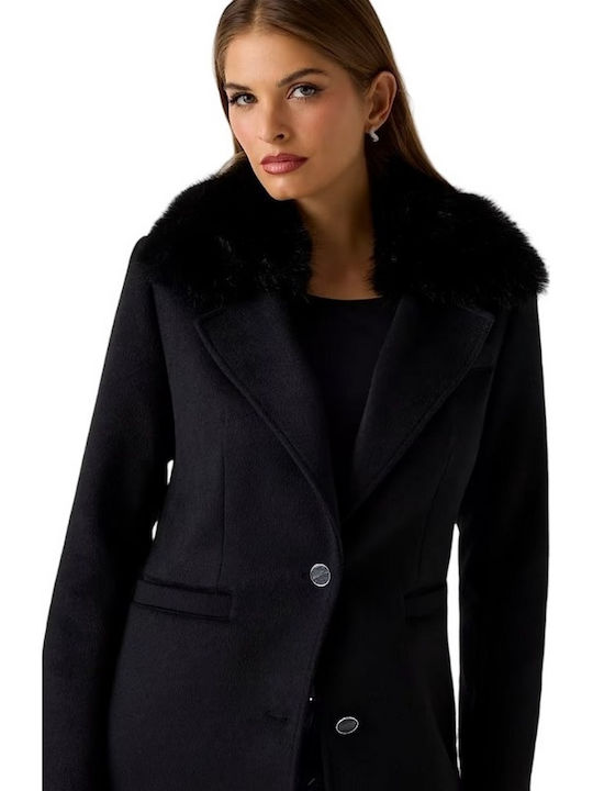 Wool Women's Black Coat with Fur Details