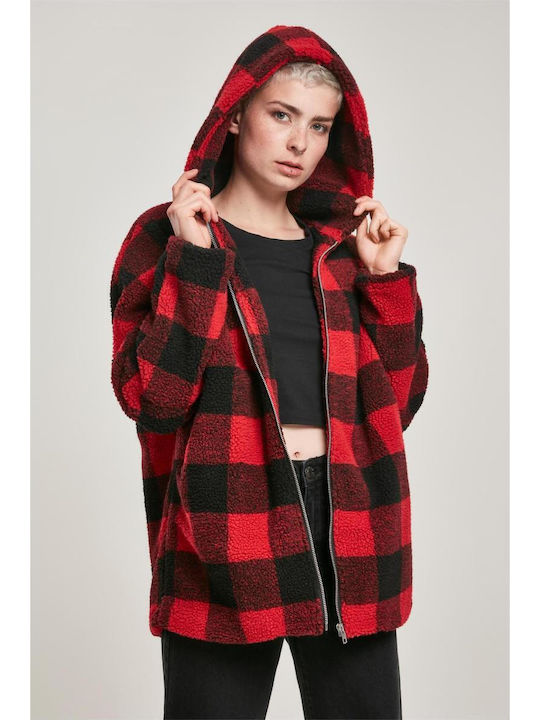 Sherpa Γυναικείο Καρό Κόκκινο Παλτό Oversized με κουκούλα