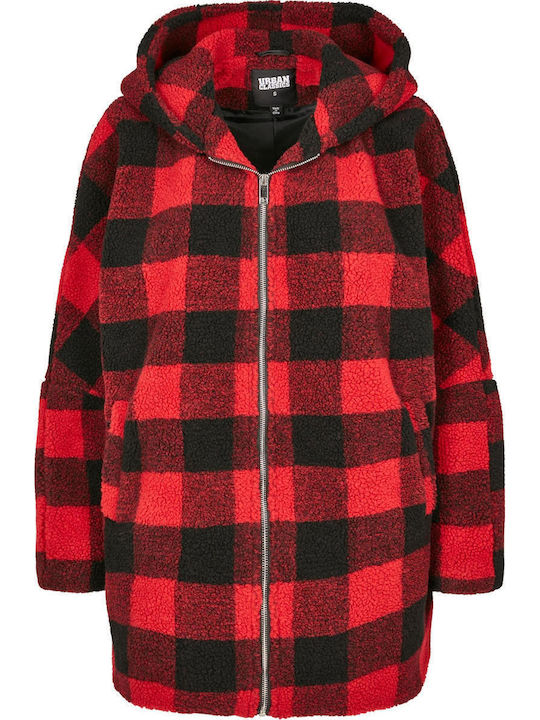 Sherpa Γυναικείο Καρό Κόκκινο Παλτό Oversized με κουκούλα