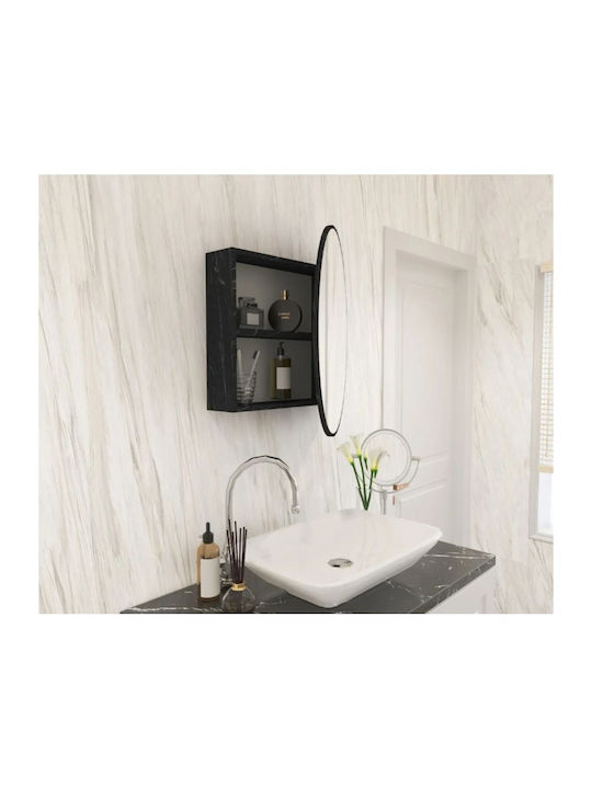 SteweHome Badezimmerspiegel Oval mit Schrank – Schwarze Marmoroptik 55x55cm