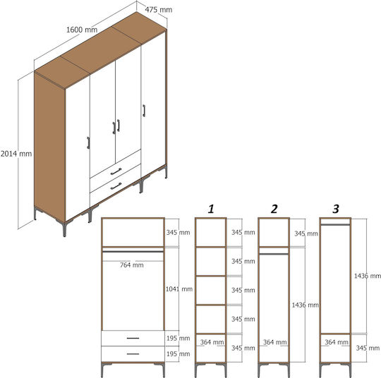 SteweHome Kleiderschrank Vier Türen Lidya Beige 160x47x201cm