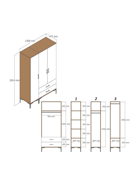 Ντουλάπα Τρεις Πόρτες Pt Καρύδι Λευκό 120x47x201cm