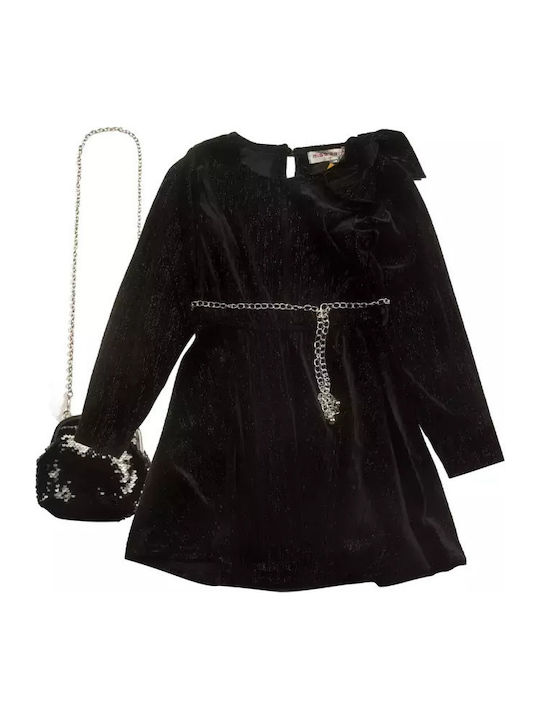 Children's Dress Long Sleeve Velvet Black, Silver