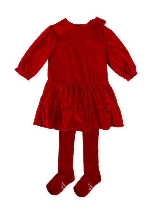 Kids Dress Long Sleeve Velvet Set with Tights Red