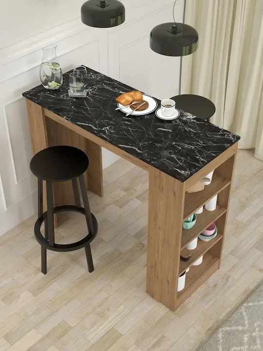 Bar Table Oak Black Marble Surface & Shelves 120x51x101cm