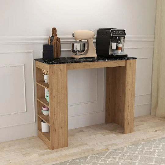 Bar Table Oak Black Marble Surface & Shelves 120x51x101cm