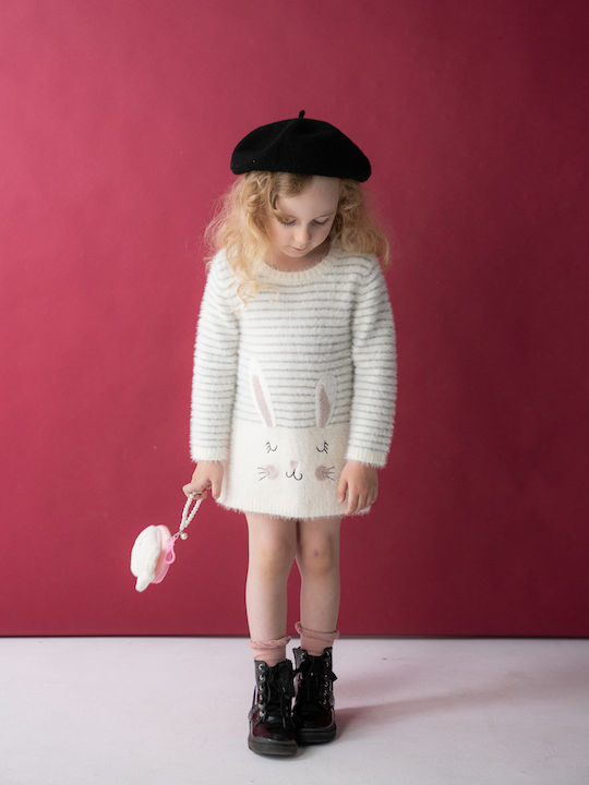 Mädchenkleid Langärmelig Gestrickt Gestreift Kinderbekleidungssets mit Zubehör Ecru
