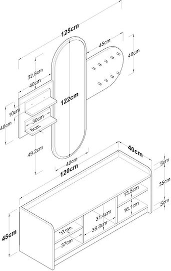 Комплект Мебели за Антре с Огледало и Пейка Бели и Дъб 120x40x45см