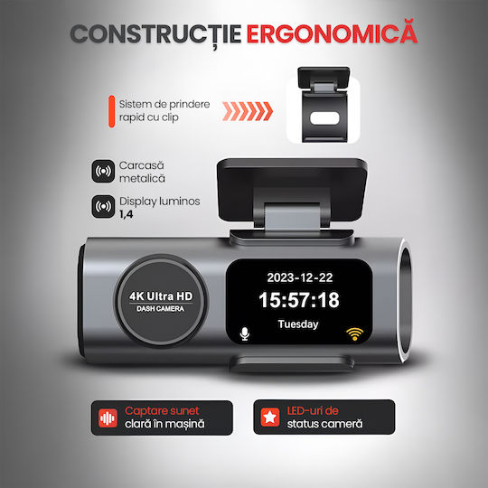 Camera DVR Auto 4K Față Spate Wi-Fi Senzor WDR Viziune Nocturnă Senzor G Mod Parcare 24h Unghi 170° Cameră Marșarier Inclusă Înregistrare În Buclă Aplicație Viidure Android iOS Fără Card Memorie