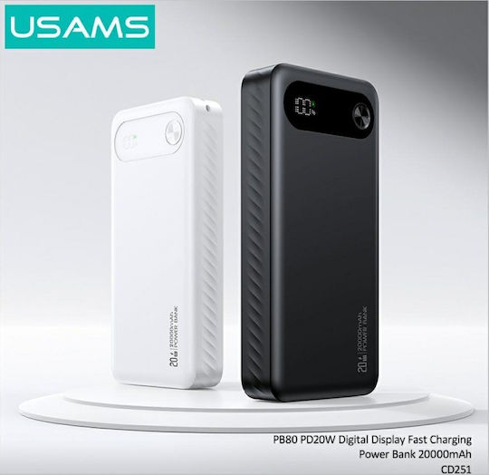 Usams PB80 Power Bank 20000mAh 20W with 2 USB-A Output Ports and USB-C Power Delivery Black