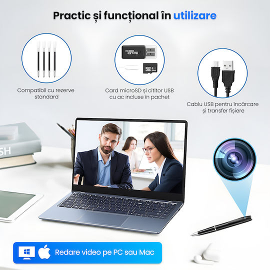 Spy Pen Video Camera Microphone Full HD 1080p 30fps 64GB MicroSD Card Included 150-Minute Battery Audio-Video Recording Rechargeable USB Office Conferences Mac PC Black