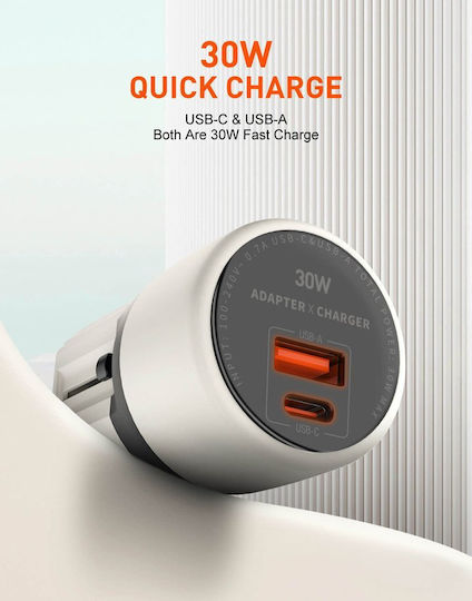 Ldnio Mobile Phone Charger Without Cable with USB-A and USB-C Output Ports and USB-C - USB-C Cable 30W Power Delivery Grey