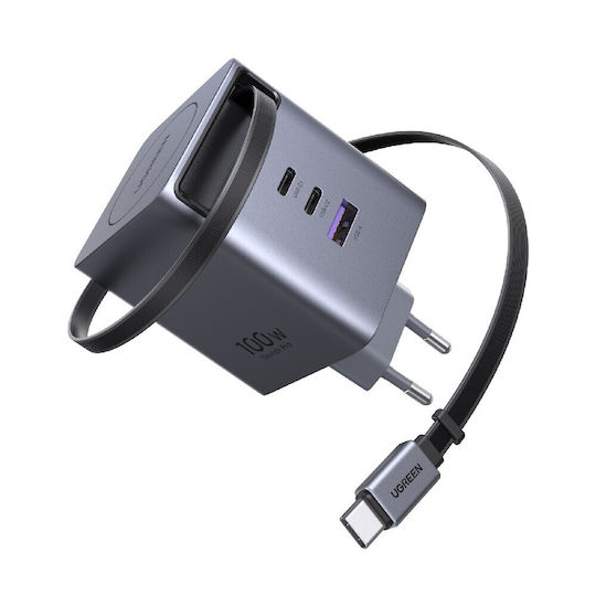 Ugreen Ladegerät GaN mit USB-A Anschluss und 2 USB-C Anschlüsse und Kabel USB-C 100W Stromlieferung Gray (X616)