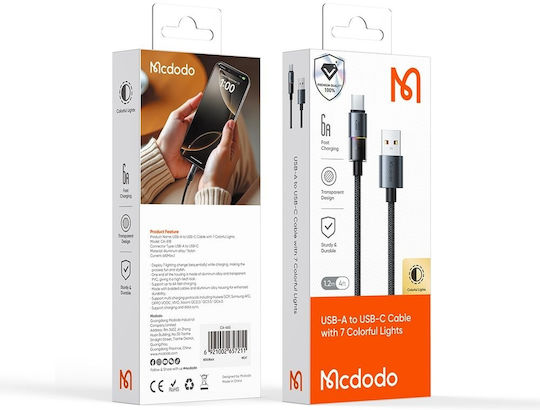 Mcdodo LED Braided USB 2.0 Cable USB-C Male - USB-A 66W Black 1.2m CA-8180