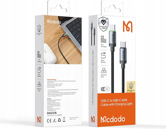 Mcdodo Braided / LED USB 2.0 Cable USB-C male - USB-C 60W PD Μαύρο 1m CA-4410