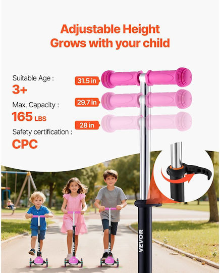 Vevor Kids Foldable 3-Wheel Scooter with LED Lighting for 3+ Years Pink