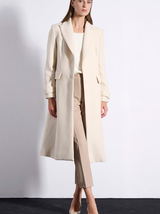 Μάλλινο Γυναικείο Off White Παλτό με Κουμπιά