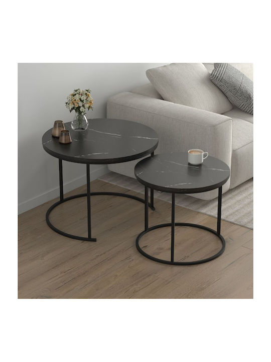 Round Side Coffee Table Hilal Wooden Black Marble Effect 2 Pieces W66xL66xH49.5cm