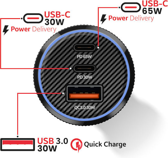 Swissten 65W PD 2x USB-C 30W USB 3.0 QC 30W Cell Phone Car Charger USB-C Cable Black