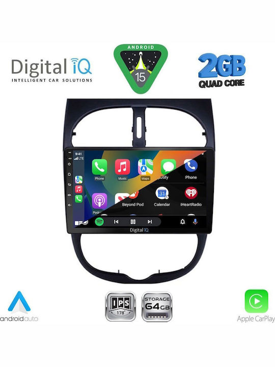 Digital IQ Car Audio System for Peugeot 206 1998-2006 (Bluetooth/USB/WiFi/GPS/Apple-Carplay/Android-Auto) with Touch Screen 9"