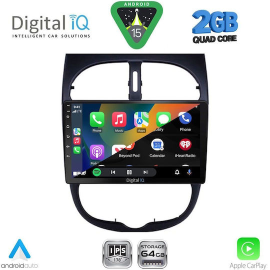 Digital IQ Car Audio System for Peugeot 206 1998-2006 (Bluetooth/USB/WiFi/GPS/Apple-Carplay/Android-Auto) with Touch Screen 9"