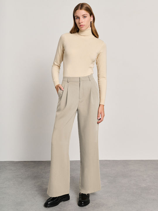 Women's High-waisted Fabric Trousers Loose Fit Sub-white