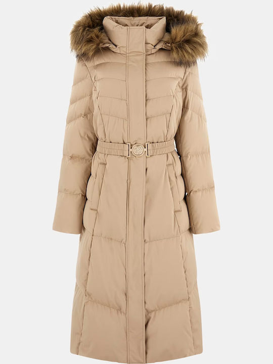 Women's Long Puffer Jacket for Winter with Hood Beige