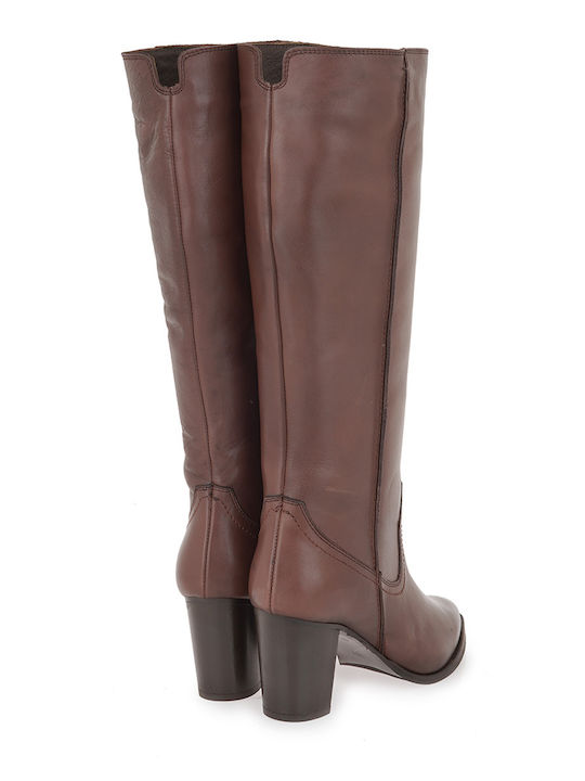 Leather Medium Heel Women's Boots Brown
