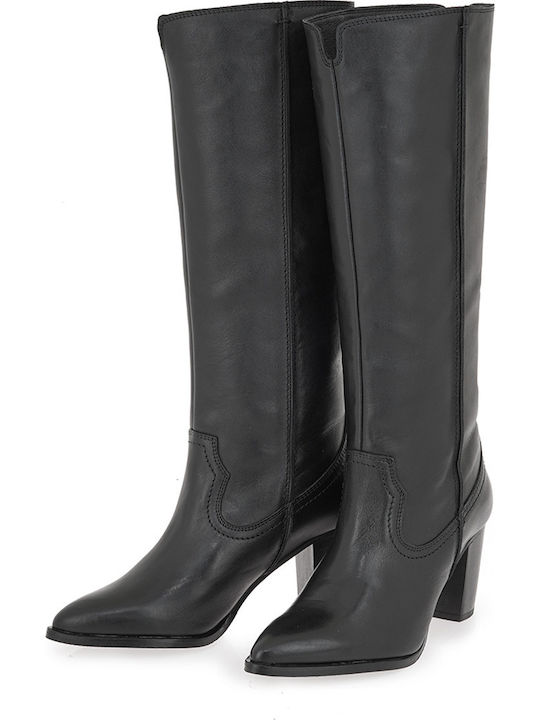 Leather Medium Heel Women's Boots Black