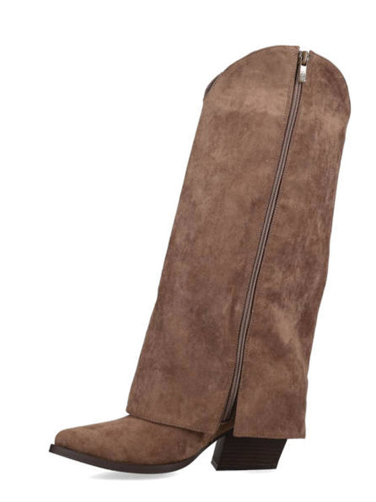 Suede Medium Heel Women's Boots with Zipper Brown