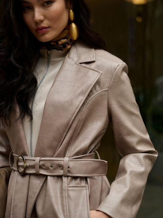 Leather Women's Ecru Coat with Buttons