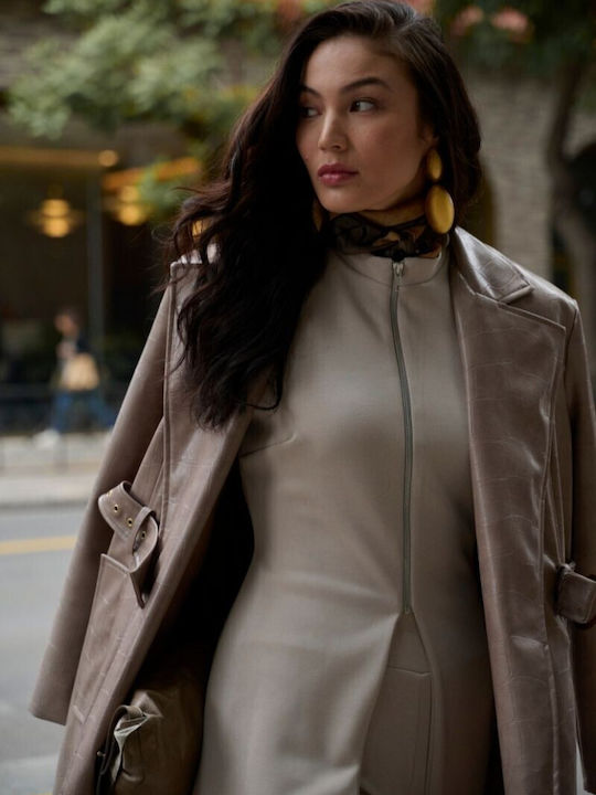 Leather Women's Ecru Coat with Buttons