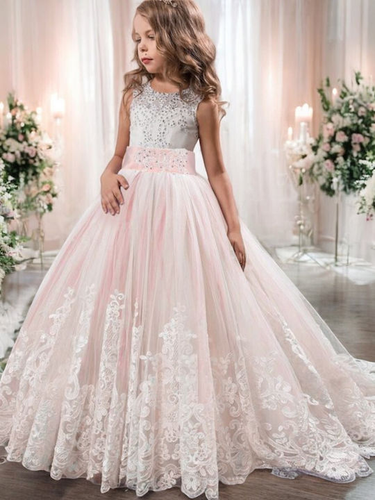 Children's Dress Sleeveless Tulle Floral Soft Pink