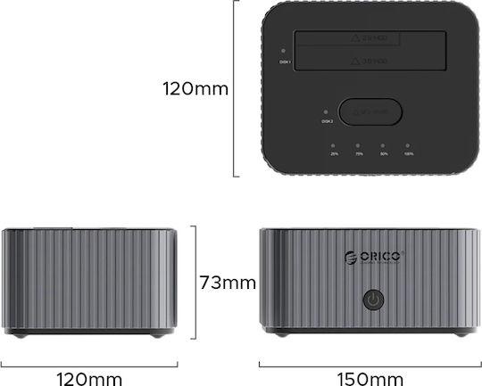 Orico Сторидж HDD/M.2 Док 2 Гнезда Офлайн Клониране 2.5 3.5 M.2 NVMe USB-C/USB-A IT28E-C-EU-GY
