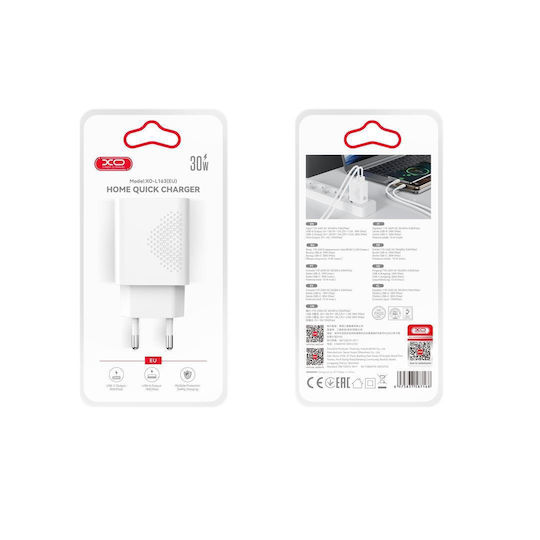 XO Încărcător Fără Cablu cu Port USB-A și Port USB-C 30W Power Delivery Alb (L163)