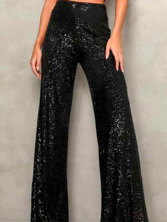 Women's Fabric Trousers with Elastic Black with Sequins