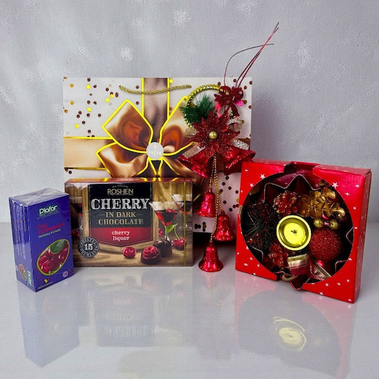 Pachet Deliciu De Crăciun Praline Roșii Roshen Cutie De Ceai Set Decorativ Lumânare În Geantă Tematică