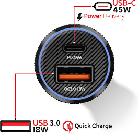 Swissten Car Charger Fast Charging 63W USB-C Power Delivery 45W USB 3.0 18W Black