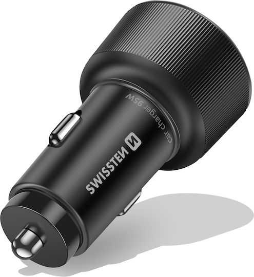 Swissten 2x USB-C Power Delivery 95W USB 3.0 30W Fast Charging Cell Phone Car Charger Black