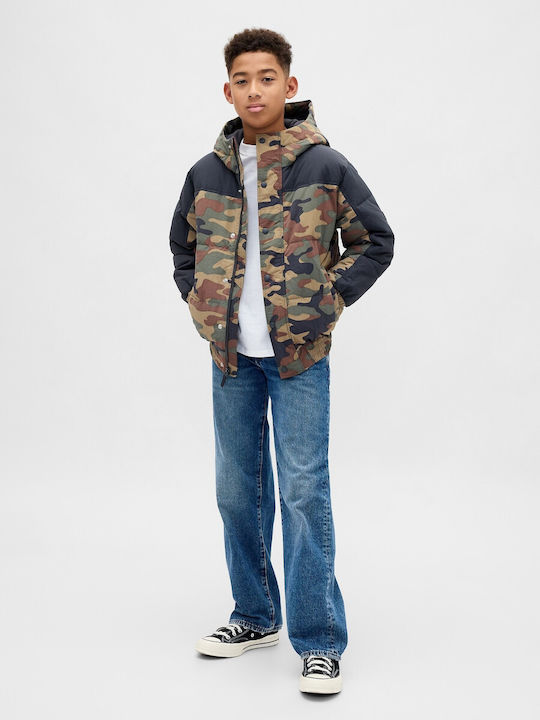 Waterproof Kids Quilted Long Coat with Hood Woodland Camo