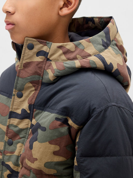 Waterproof Kids Quilted Long Coat with Hood Woodland Camo
