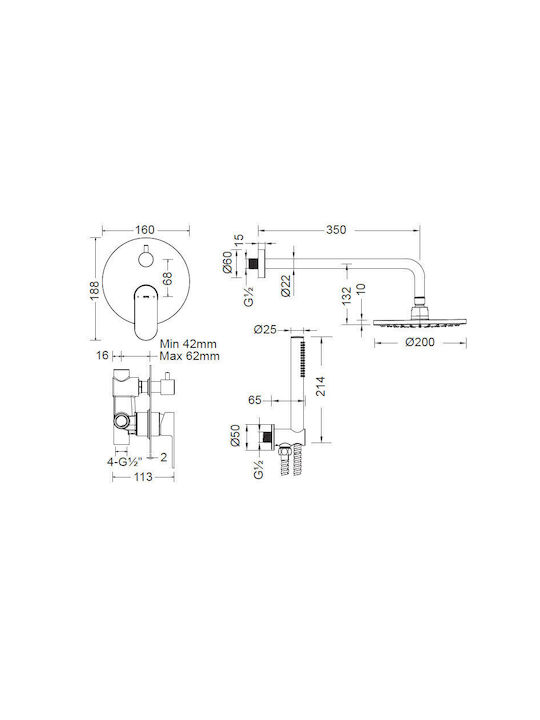 Cora Eingebaute Wasserhähne Mist 3555-100+s055-100 Silber Chrom Glänzend