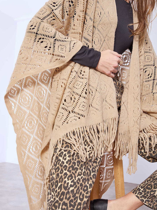 Celestino Women's Knitted Cape Perforated Patterns Loose Fit Dark Beige